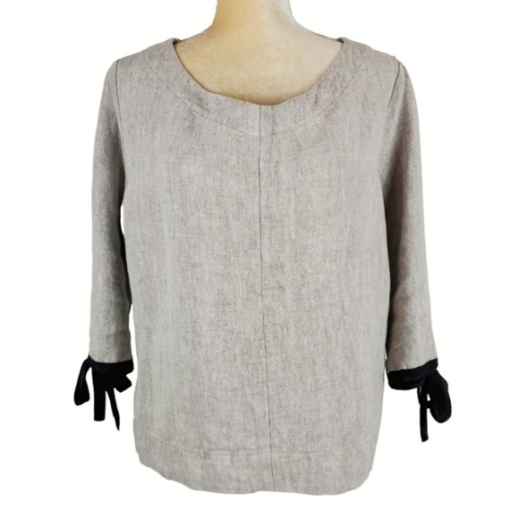 Haldora Rhinebeck New York Beige Tan Linen Ribbon Tie Sleeve Top Large Lagenlook - Picture 1 of 11
